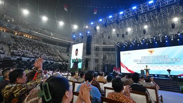 Presiden Prabowo Subianto saat menghadiri Puncak Peringatan Hari Koperasi ke-79 di Indonesia Arena, Jakarta.