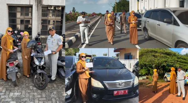 Petugas UPTD PPD Samsat Tanjungpinang mendata kendaraan ASN penunggak pajak di Perkantoran Pemprov Kepri Dompak