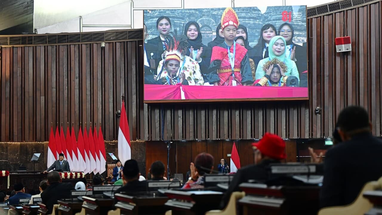 Presiden Prabowo Subianto menyampaikan pidato pada Sidang Tahunan MPR RI 2026 di Gedung Nusantara.