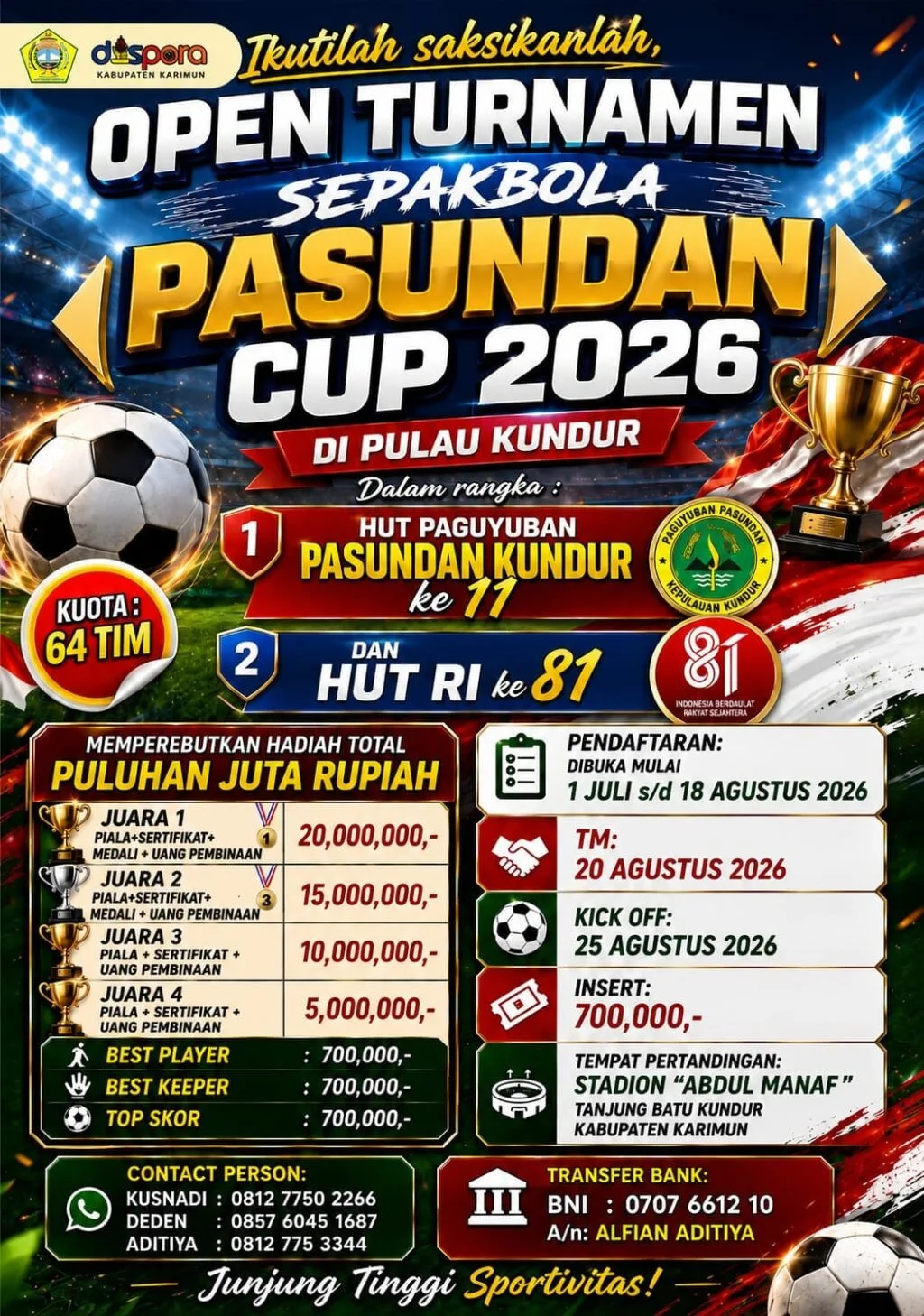 Suasana pembukaan dan pertandingan Open Turnamen Sepak Bola Pasundan Cup II 2026 di Stadion Mini Abdul Manaf Kundur