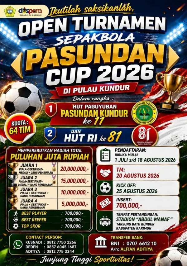 Suasana pembukaan dan pertandingan Open Turnamen Sepak Bola Pasundan Cup II 2026 di Stadion Mini Abdul Manaf Kundur