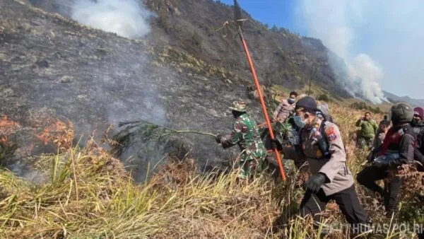 Tim gabungan Polres Probolinggo dan Bromo Tengger Semeru melakukan pemadaman kebakaran hutan di Gunung Bromo