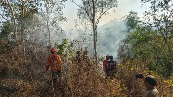 Tim gabungan Polres Trenggalek mengevakuasi pelajar yang terjebak kebakaran di Gunung Orak-arik.