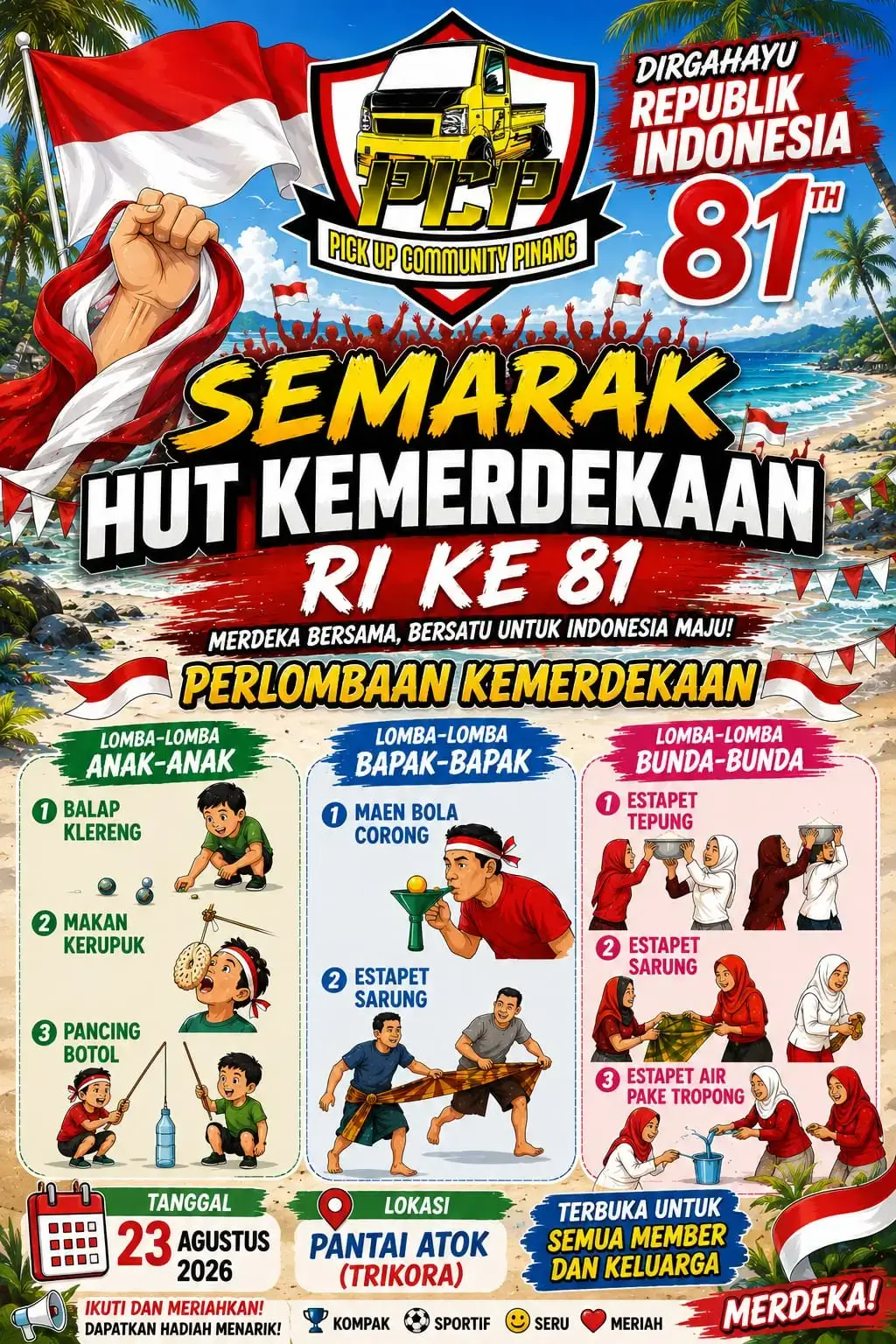 brosur Komunitas PCP Pickup Community Pinang membentangkan bendera Merah Putih di Pantai Atok Trikora Bintan