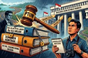 Ilustrasi sengketa informasi publik: Jurnalis investigasi Media Samudera Kepri mengajukan memori kasasi ke Mahkamah Agung melawan BPJN Kepri terkait dokumen proyek jalan Putik-Langir yang digembok.
