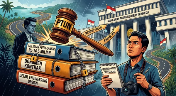 Ilustrasi sengketa informasi publik: Jurnalis investigasi Media Samudera Kepri mengajukan memori kasasi ke Mahkamah Agung melawan BPJN Kepri terkait dokumen proyek jalan Putik-Langir yang digembok.