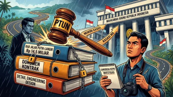 Ilustrasi sengketa informasi publik: Jurnalis investigasi Media Samudera Kepri mengajukan memori kasasi ke Mahkamah Agung melawan BPJN Kepri terkait dokumen proyek jalan Putik-Langir yang digembok.