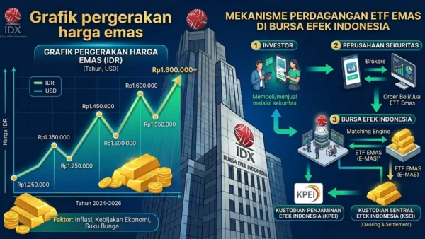 Ilustrasi Grafik pergerakan harga emas dan mekanisme perdagangan ETF Emas di Bursa Efek Indonesia